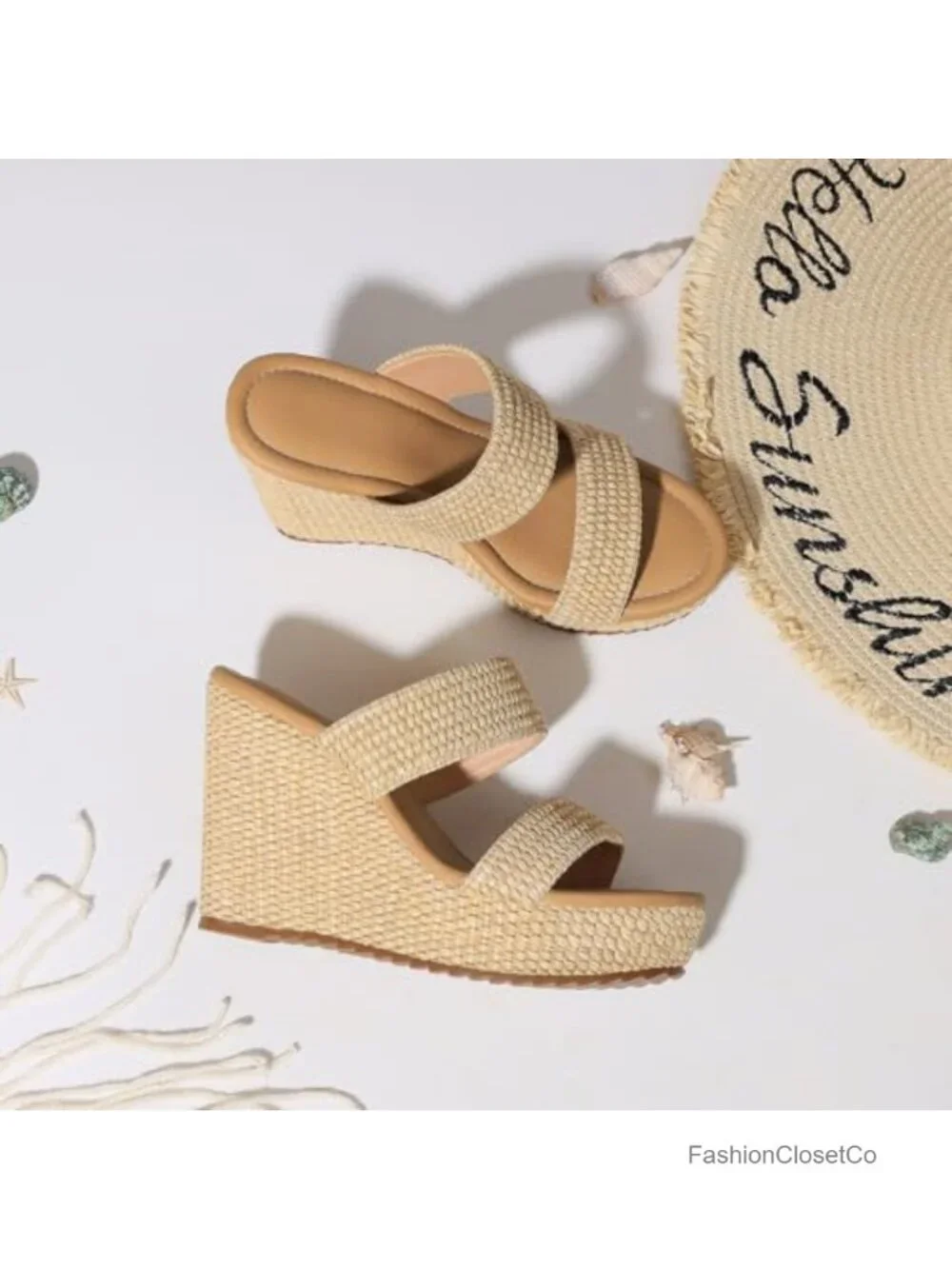 Wedge Sandals with Raffia, Espadrille Heels, Cushioned Insole, Slip-On